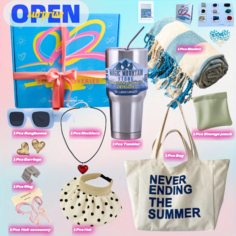 10pcs Tropical Beach-Themed Women’s Gift Basket: Includes Insulated Cup, Cozy Blanket, Straw Hat, Fashion Glasses & More - Perfect for Birthdays, Christmas, or Get Well Wishes - Ideal for Girlfriend, Mom, Best Friends