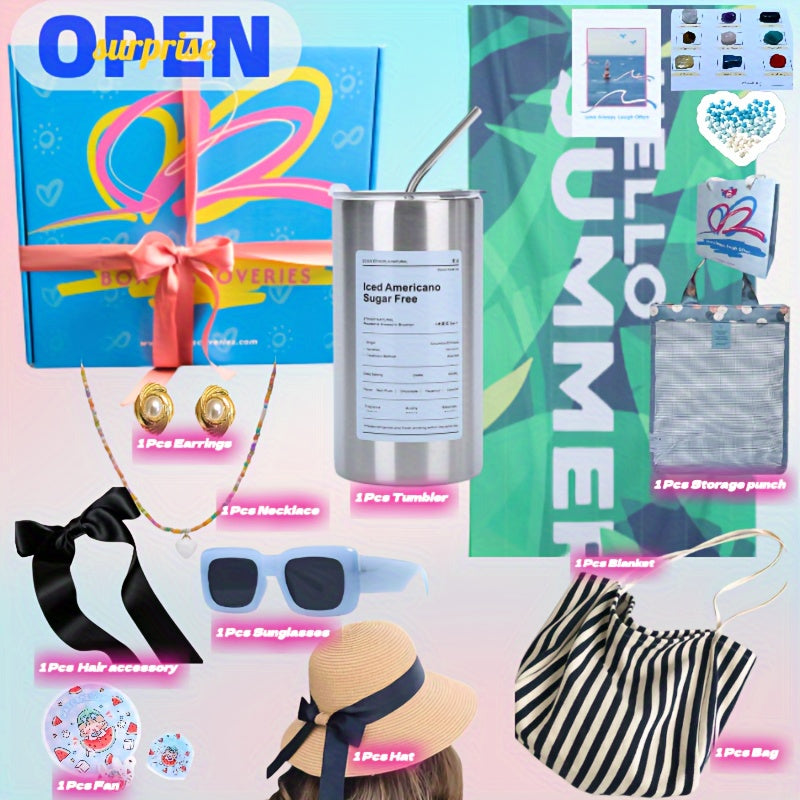 10pcs Tropical Beach-Themed Women’s Gift Basket: Includes Insulated Cup, Cozy Blanket, Straw Hat, Fashion Glasses & More - Perfect for Birthdays, Christmas, or Get Well Wishes - Ideal for Girlfriend, Mom, Best Friends