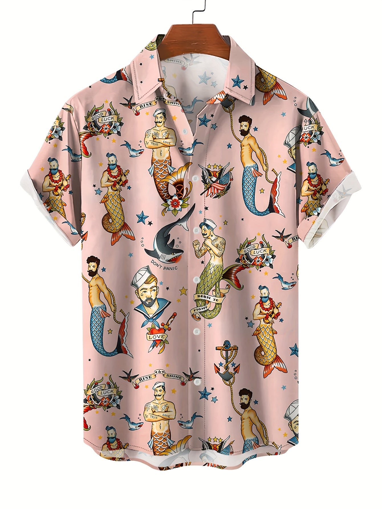 Moab Curation - Men's Merman Sailor Jerry Pattern Allover Printed Short Sleeve Hawaiian Style Shirt for Summer Resort Vacation