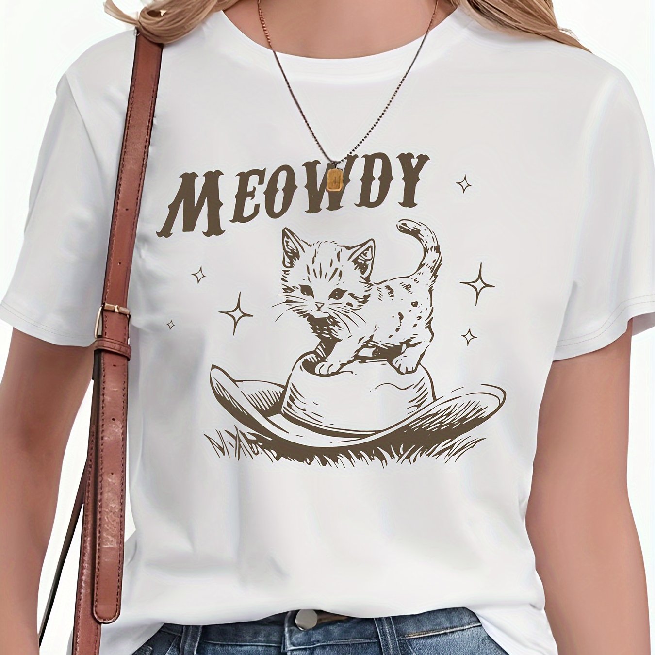 Stylish Women's Letter Hat Cat Print Short-sleeved T-shirt