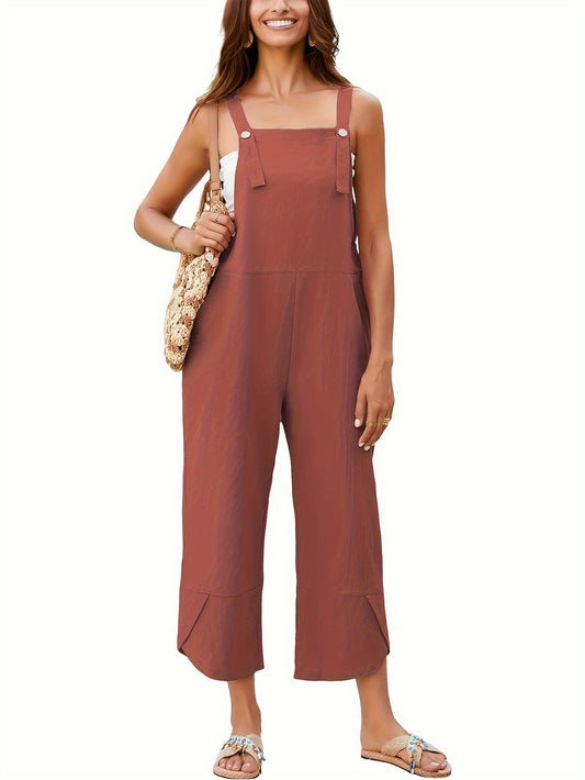 Solid Color Adjustable Strap Overall Jumpsuit, Casual Sleeveless Cropped Overall Jumpsuit With Pocket, Women's Clothing