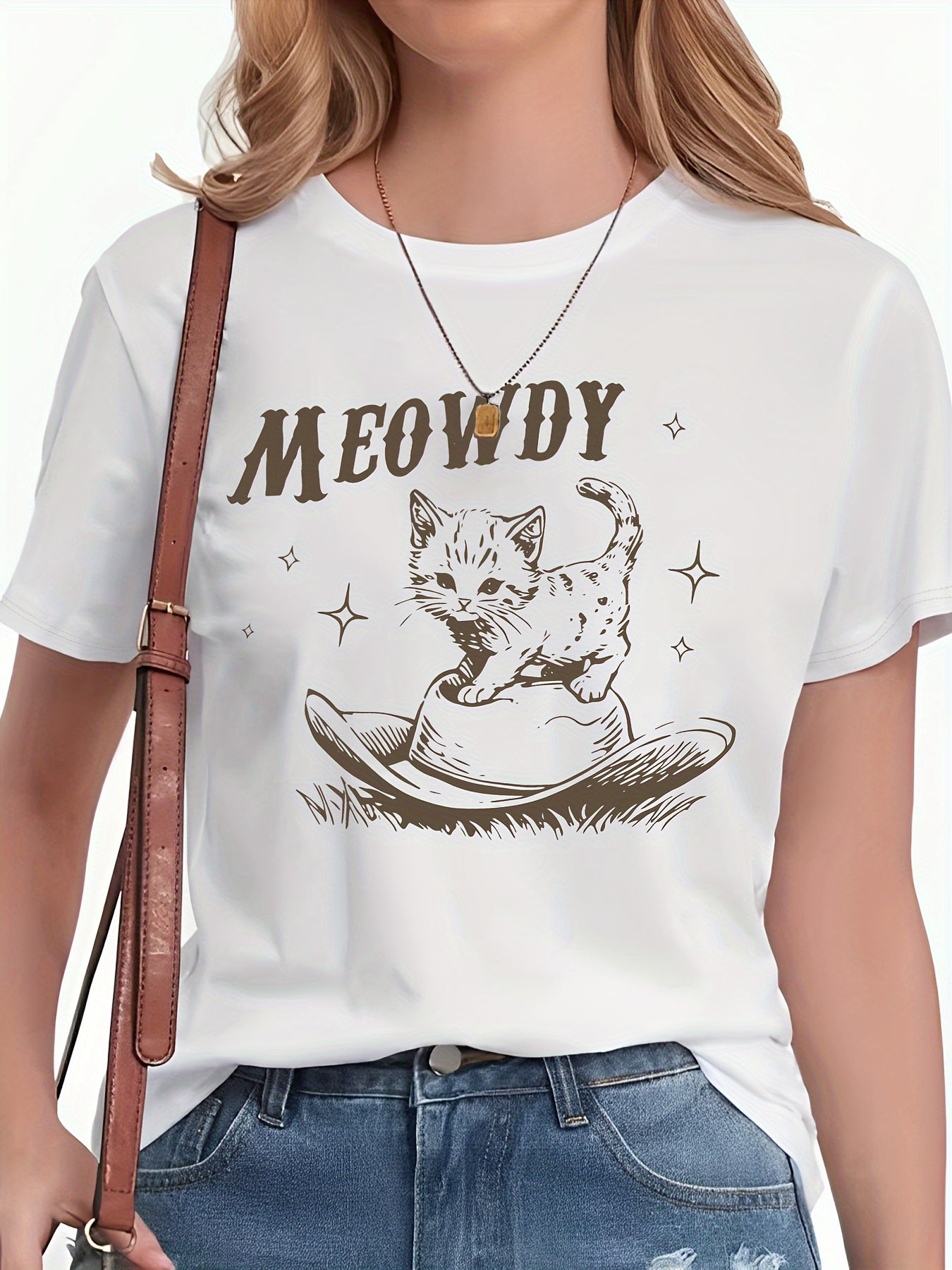 Stylish Women's Letter Hat Cat Print Short-sleeved T-shirt