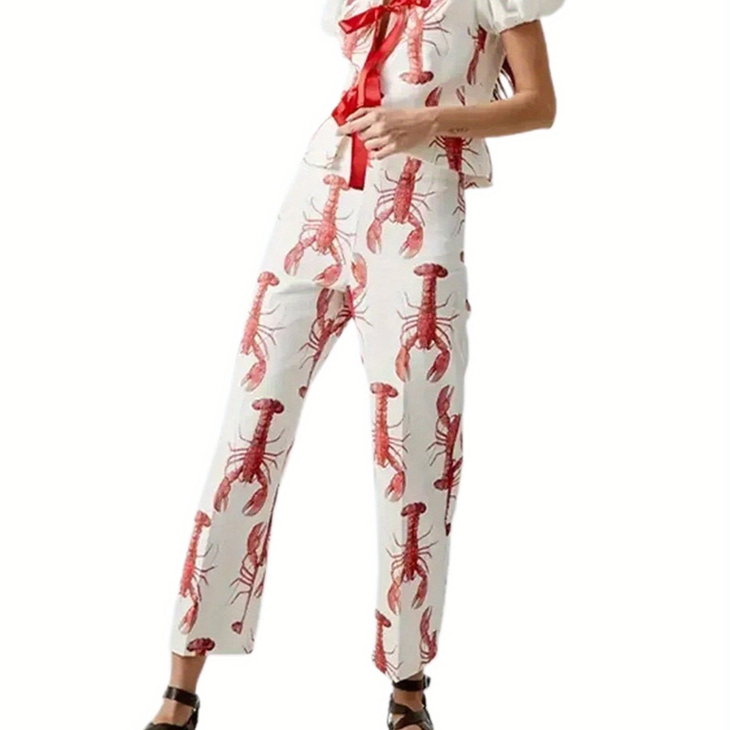 Women Y2k Tie Front Top and Pants Set Lobster Print Puff Short Sleeve Shirt with Graphic Pants Summer Outfit