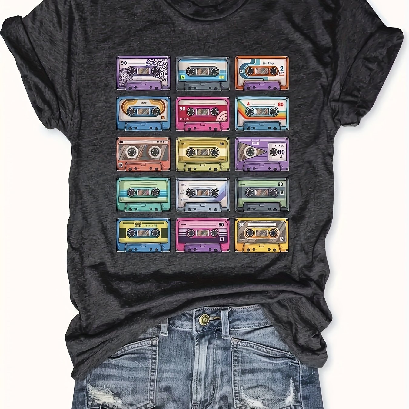 Retro Cassette Tape Print T-Shirt, Casual Crew Neck Short Sleeve T-Shirt For Spring & Summer, Women's Clothing