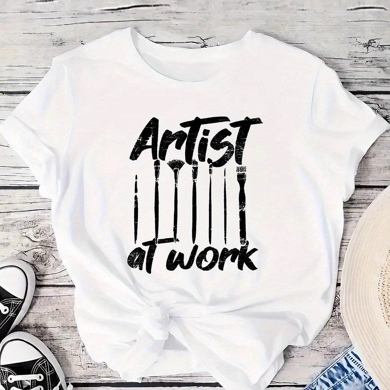 ARTIST AT WORK Print T-Shirt, Casual Short Sleeve Crew Neck T-Shirt For Spring & Summer, Women's Clothing