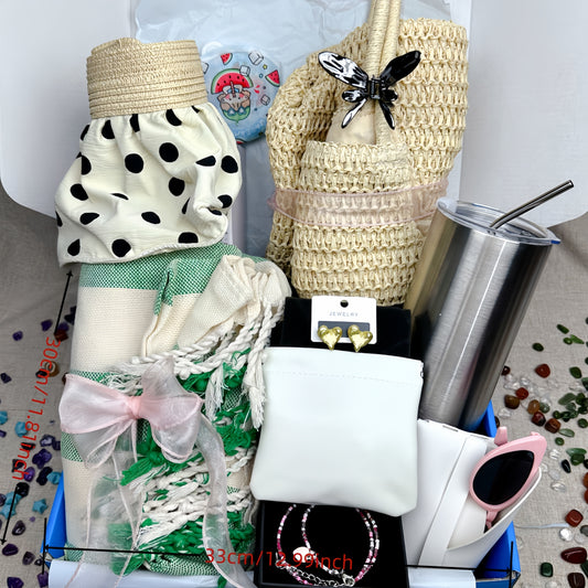 10pcs Tropical Beach-Themed Women’s Gift Basket: Includes Insulated Cup, Cozy Blanket, Straw Hat, Fashion Glasses & More - Perfect for Birthdays, Christmas, or Get Well Wishes - Ideal for Girlfriend, Mom, Best Friends