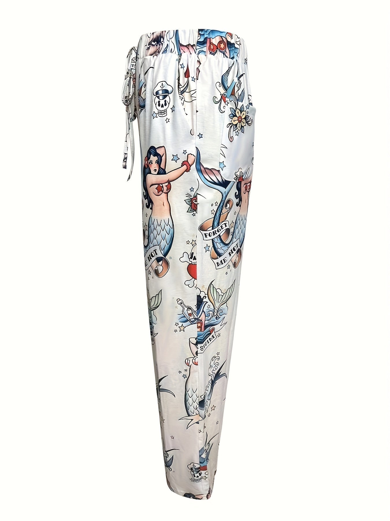 Moab Curation - Mermaid Sailor Jerry Print Multiple Pockets Pants, Casual Lace-Up Elastic Waist Pants for Spring & Summer, Women's Clothing