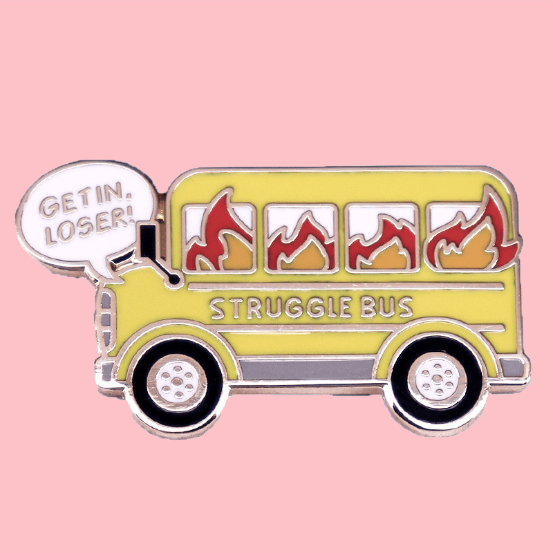 1pc "Get In, Loser! Struggle Bus" Enamel Pin, Cute Style Novelty Fire Bus Brooch, Fun Hat & Clothing Accessory