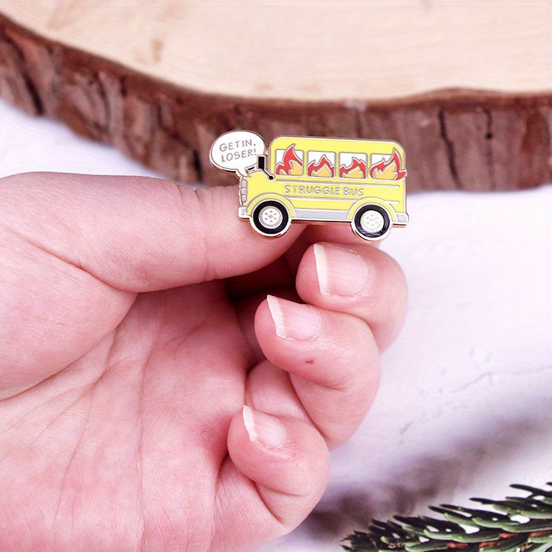 1pc "Get In, Loser! Struggle Bus" Enamel Pin, Cute Style Novelty Fire Bus Brooch, Fun Hat & Clothing Accessory