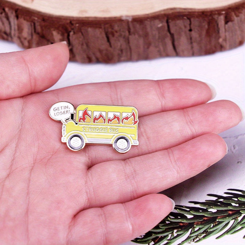 1pc "Get In, Loser! Struggle Bus" Enamel Pin, Cute Style Novelty Fire Bus Brooch, Fun Hat & Clothing Accessory