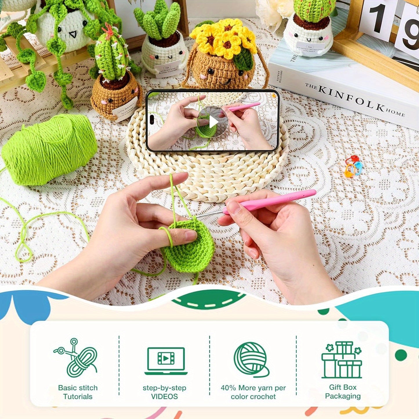 Crochet Kit | Crochet Kit for Beginners | Emotional Support Succulent Crochet & Knitting Kit with Step by Step Video Lessons | 6 PC Succulent Crochet Kit with Crochet Accessories