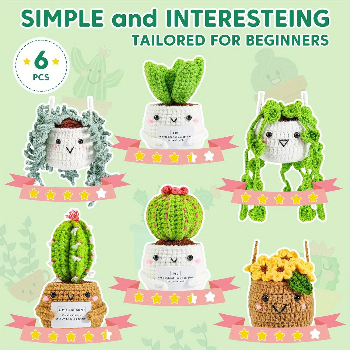 Crochet Kit | Crochet Kit for Beginners | Emotional Support Succulent Crochet & Knitting Kit with Step by Step Video Lessons | 6 PC Succulent Crochet Kit with Crochet Accessories