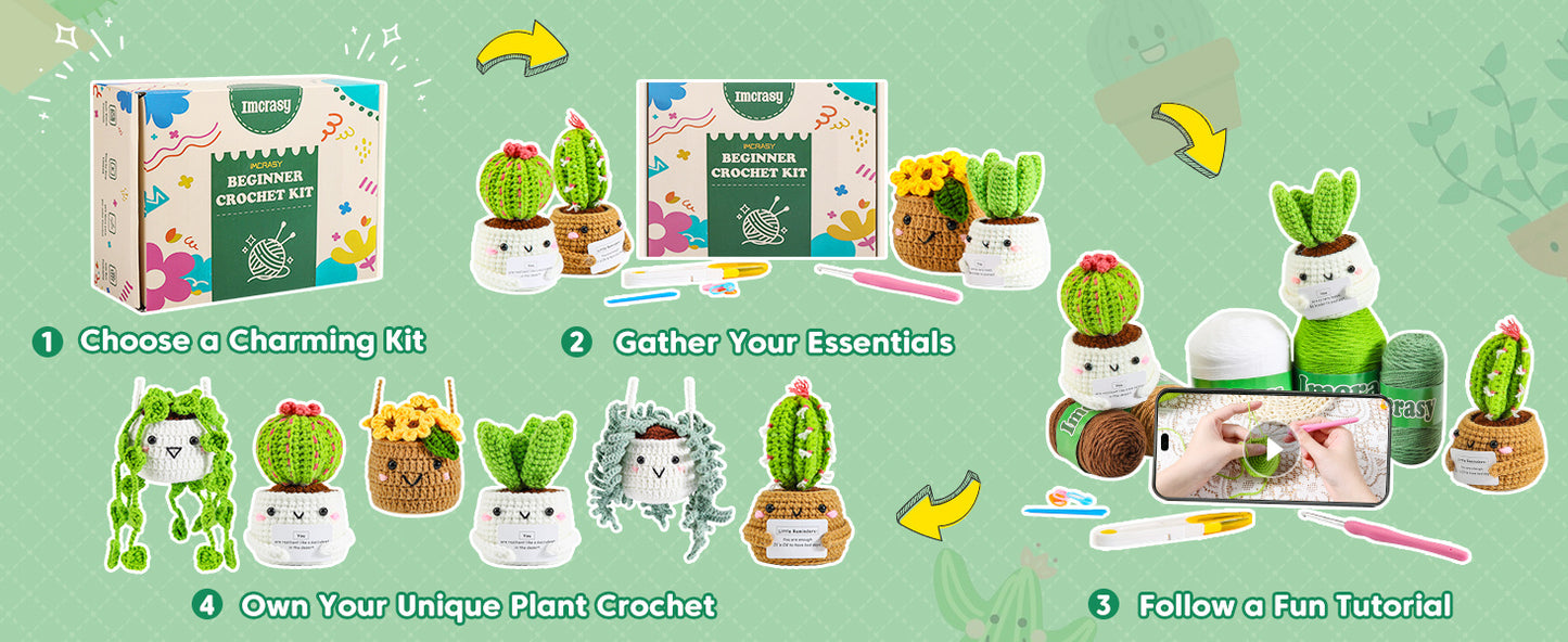 Crochet Kit | Crochet Kit for Beginners | Emotional Support Succulent Crochet & Knitting Kit with Step by Step Video Lessons | 6 PC Succulent Crochet Kit with Crochet Accessories