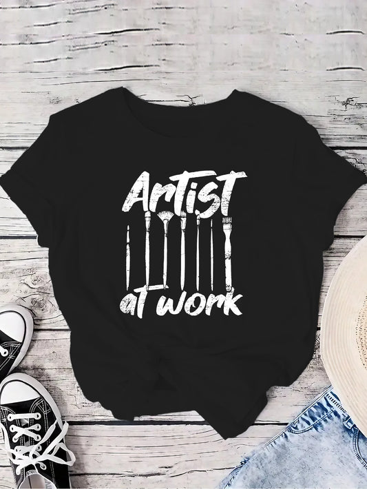 ARTIST AT WORK Print T-Shirt, Casual Short Sleeve Crew Neck T-Shirt For Spring & Summer, Women's Clothing