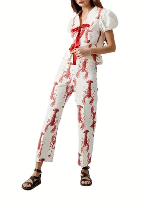 Women Y2k Tie Front Top and Pants Set Lobster Print Puff Short Sleeve Shirt with Graphic Pants Summer Outfit