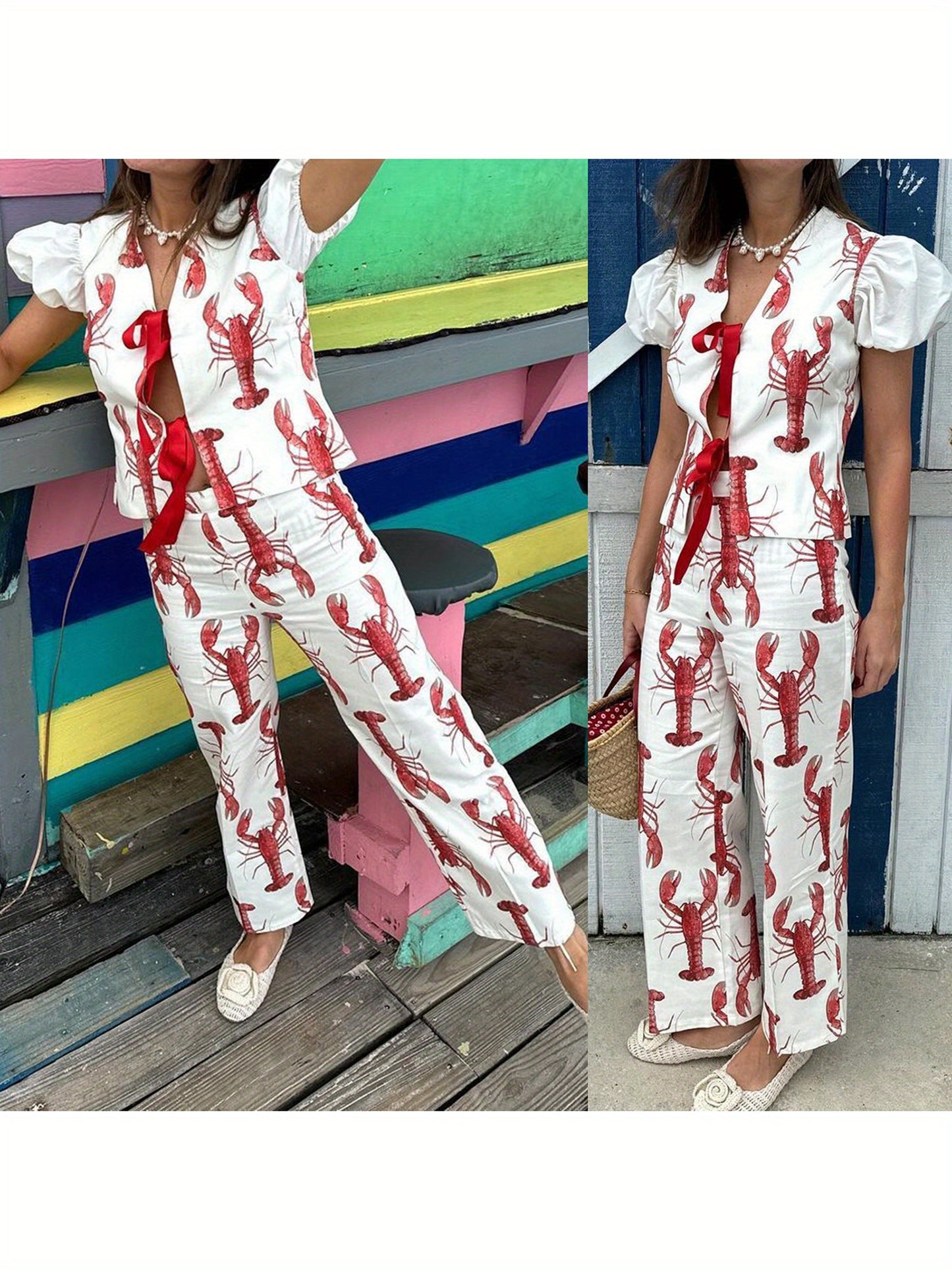 Women Y2k Tie Front Top and Pants Set Lobster Print Puff Short Sleeve Shirt with Graphic Pants Summer Outfit