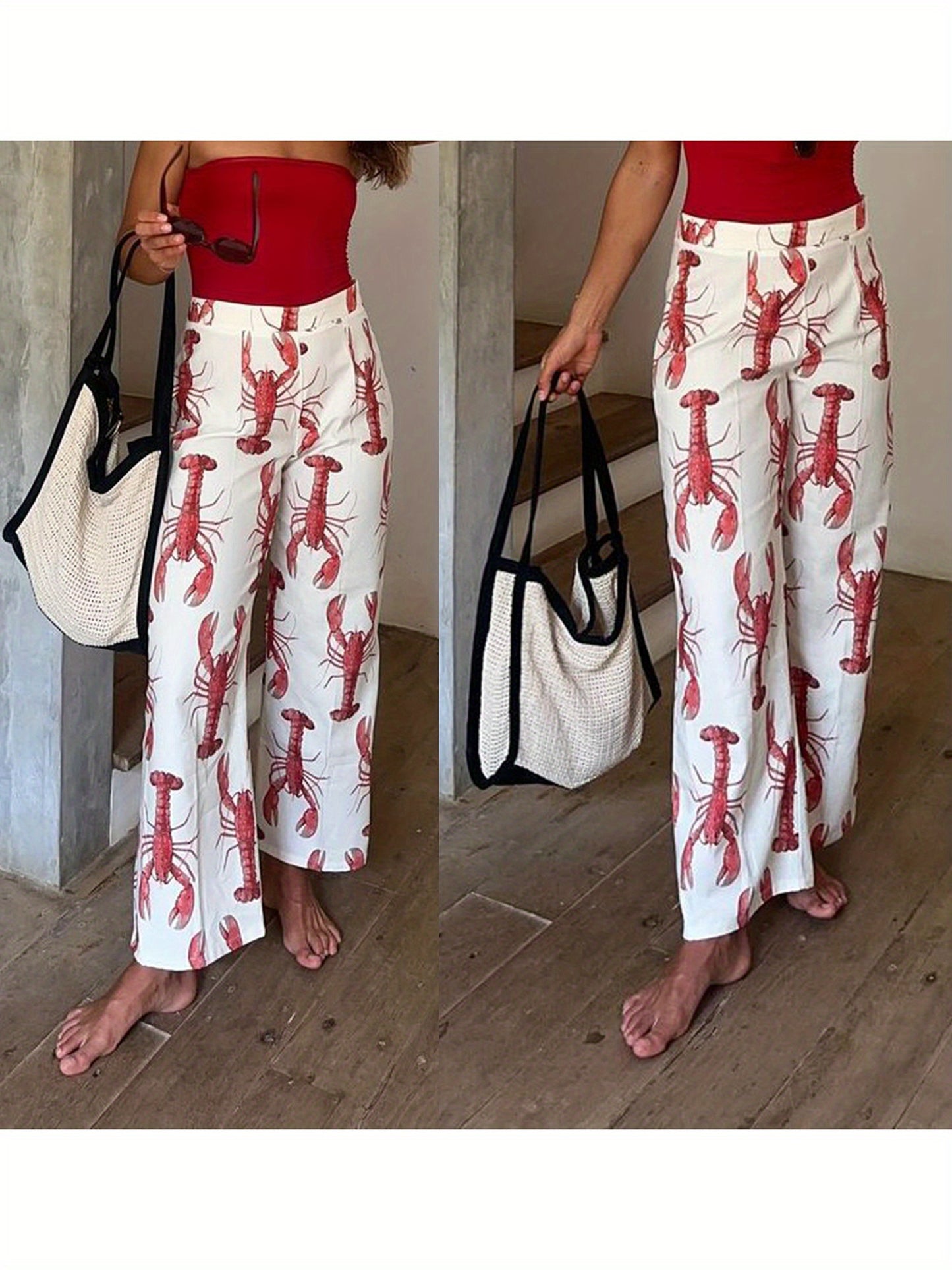 Women Y2k Tie Front Top and Pants Set Lobster Print Puff Short Sleeve Shirt with Graphic Pants Summer Outfit