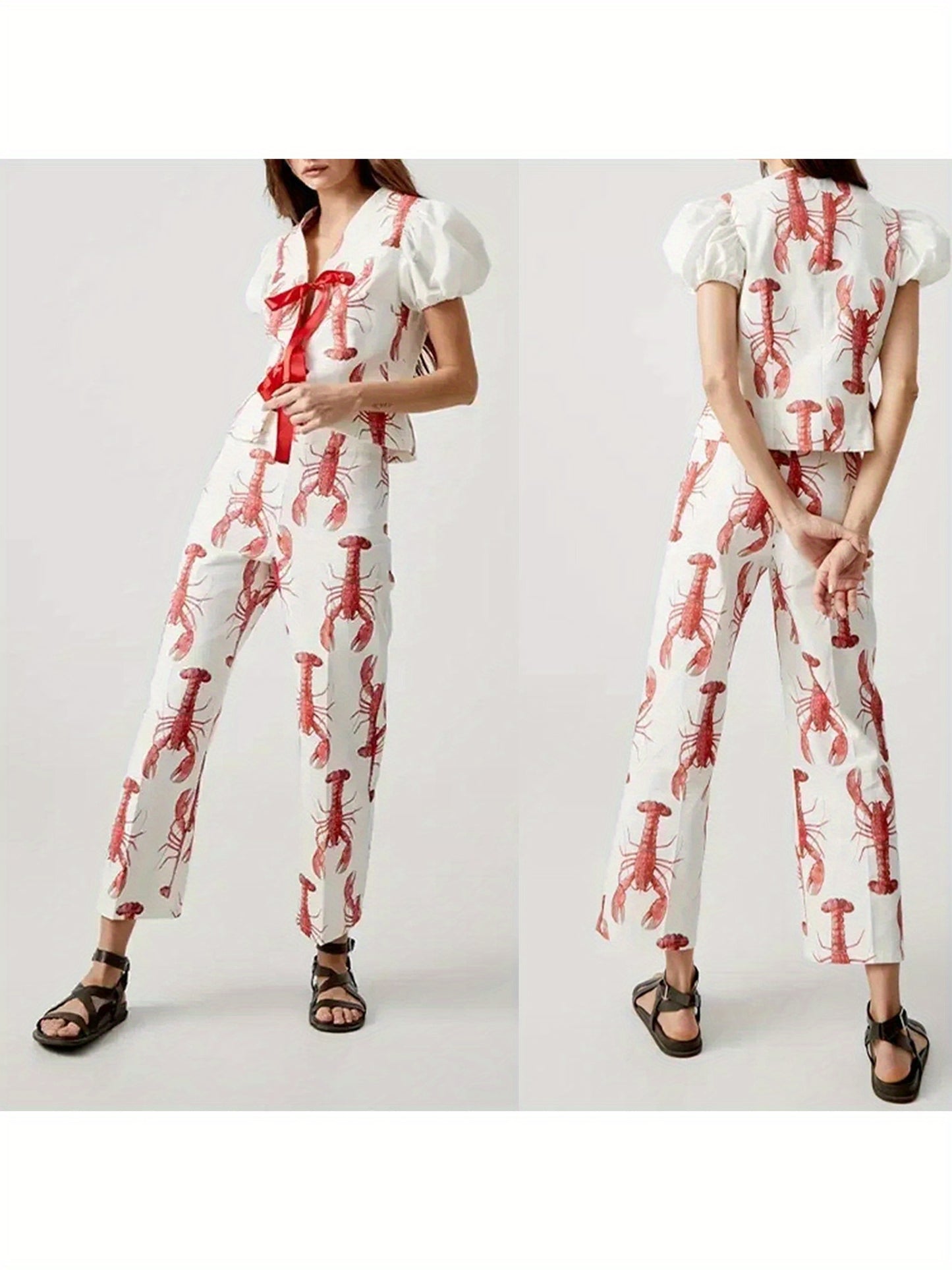 Women Y2k Tie Front Top and Pants Set Lobster Print Puff Short Sleeve Shirt with Graphic Pants Summer Outfit