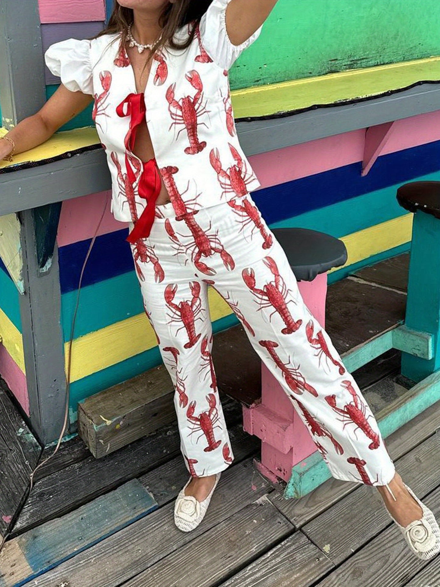 Women Y2k Tie Front Top and Pants Set Lobster Print Puff Short Sleeve Shirt with Graphic Pants Summer Outfit