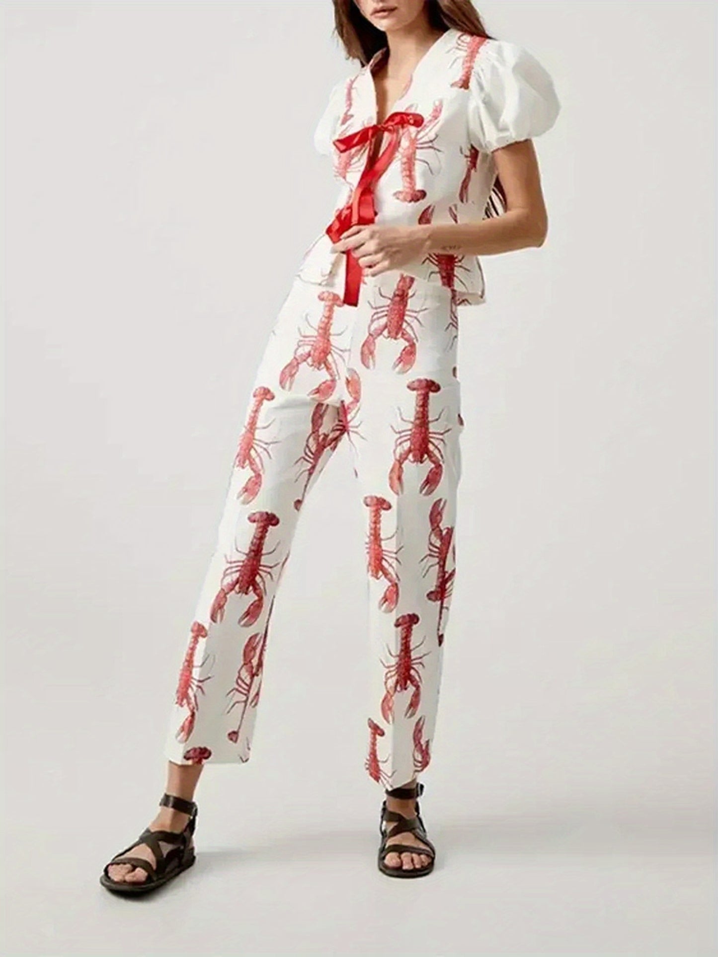 Women Y2k Tie Front Top and Pants Set Lobster Print Puff Short Sleeve Shirt with Graphic Pants Summer Outfit