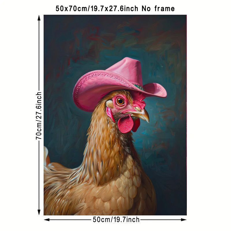 Chic Boho Chicken With Pink Cowboy Hat Canvas Art Print - Frameless Western-Inspired Wall Decor For Living Room, Bedroom, Office, And Dorm - Waterproof, Vertical Fashion Poster For Home & Bar