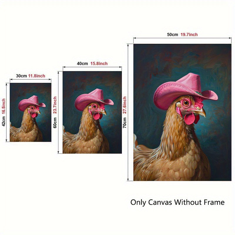 Chic Boho Chicken With Pink Cowboy Hat Canvas Art Print - Frameless Western-Inspired Wall Decor For Living Room, Bedroom, Office, And Dorm - Waterproof, Vertical Fashion Poster For Home & Bar