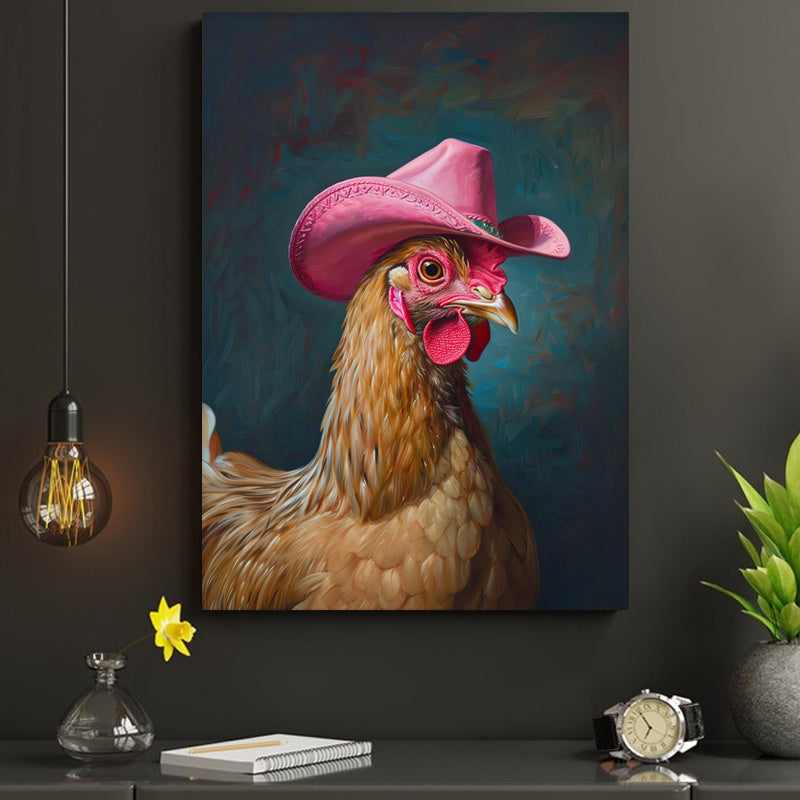 Chic Boho Chicken With Pink Cowboy Hat Canvas Art Print - Frameless Western-Inspired Wall Decor For Living Room, Bedroom, Office, And Dorm - Waterproof, Vertical Fashion Poster For Home & Bar