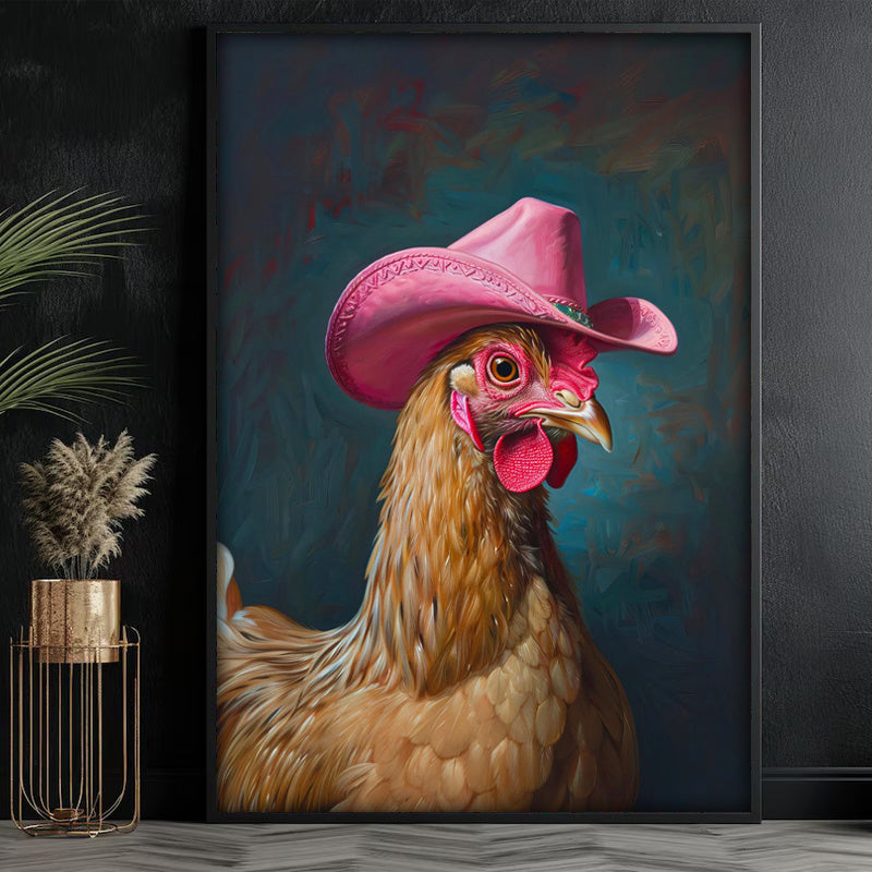 Chic Boho Chicken With Pink Cowboy Hat Canvas Art Print - Frameless Western-Inspired Wall Decor For Living Room, Bedroom, Office, And Dorm - Waterproof, Vertical Fashion Poster For Home & Bar