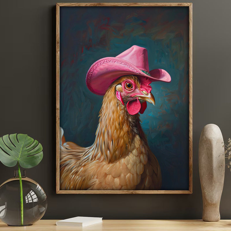 Chic Boho Chicken With Pink Cowboy Hat Canvas Art Print - Frameless Western-Inspired Wall Decor For Living Room, Bedroom, Office, And Dorm - Waterproof, Vertical Fashion Poster For Home & Bar