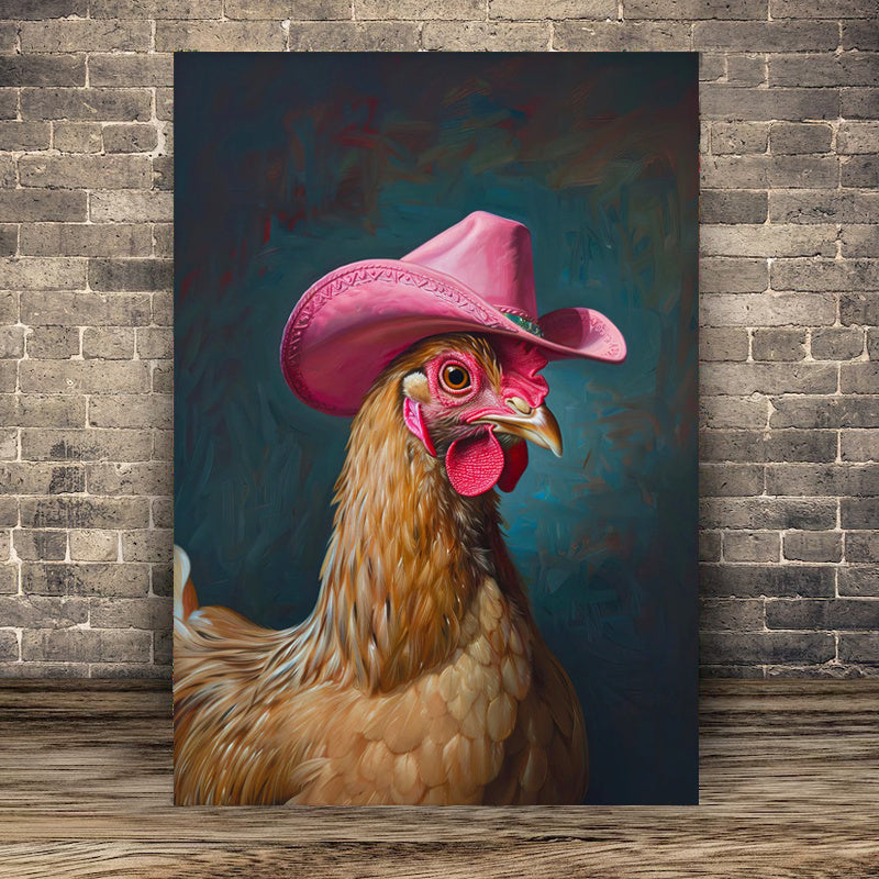 Chic Boho Chicken With Pink Cowboy Hat Canvas Art Print - Frameless Western-Inspired Wall Decor For Living Room, Bedroom, Office, And Dorm - Waterproof, Vertical Fashion Poster For Home & Bar