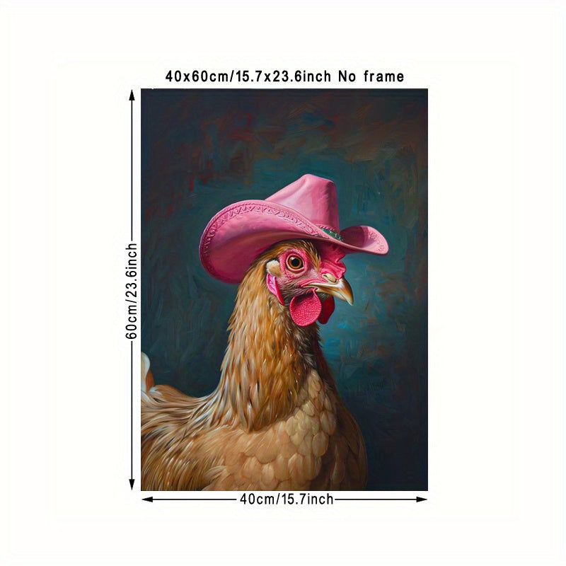 Chic Boho Chicken With Pink Cowboy Hat Canvas Art Print - Frameless Western-Inspired Wall Decor For Living Room, Bedroom, Office, And Dorm - Waterproof, Vertical Fashion Poster For Home & Bar