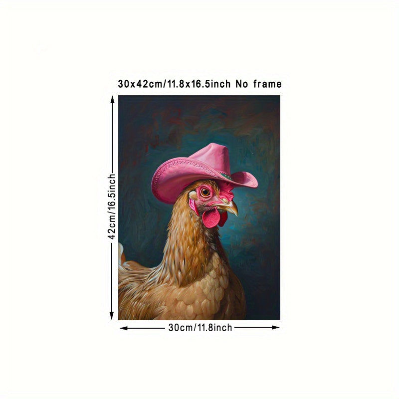 Chic Boho Chicken With Pink Cowboy Hat Canvas Art Print - Frameless Western-Inspired Wall Decor For Living Room, Bedroom, Office, And Dorm - Waterproof, Vertical Fashion Poster For Home & Bar