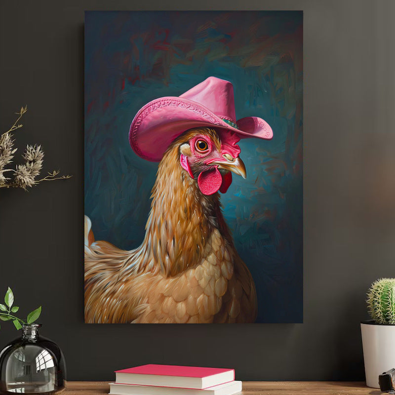 Chic Boho Chicken With Pink Cowboy Hat Canvas Art Print - Frameless Western-Inspired Wall Decor For Living Room, Bedroom, Office, And Dorm - Waterproof, Vertical Fashion Poster For Home & Bar