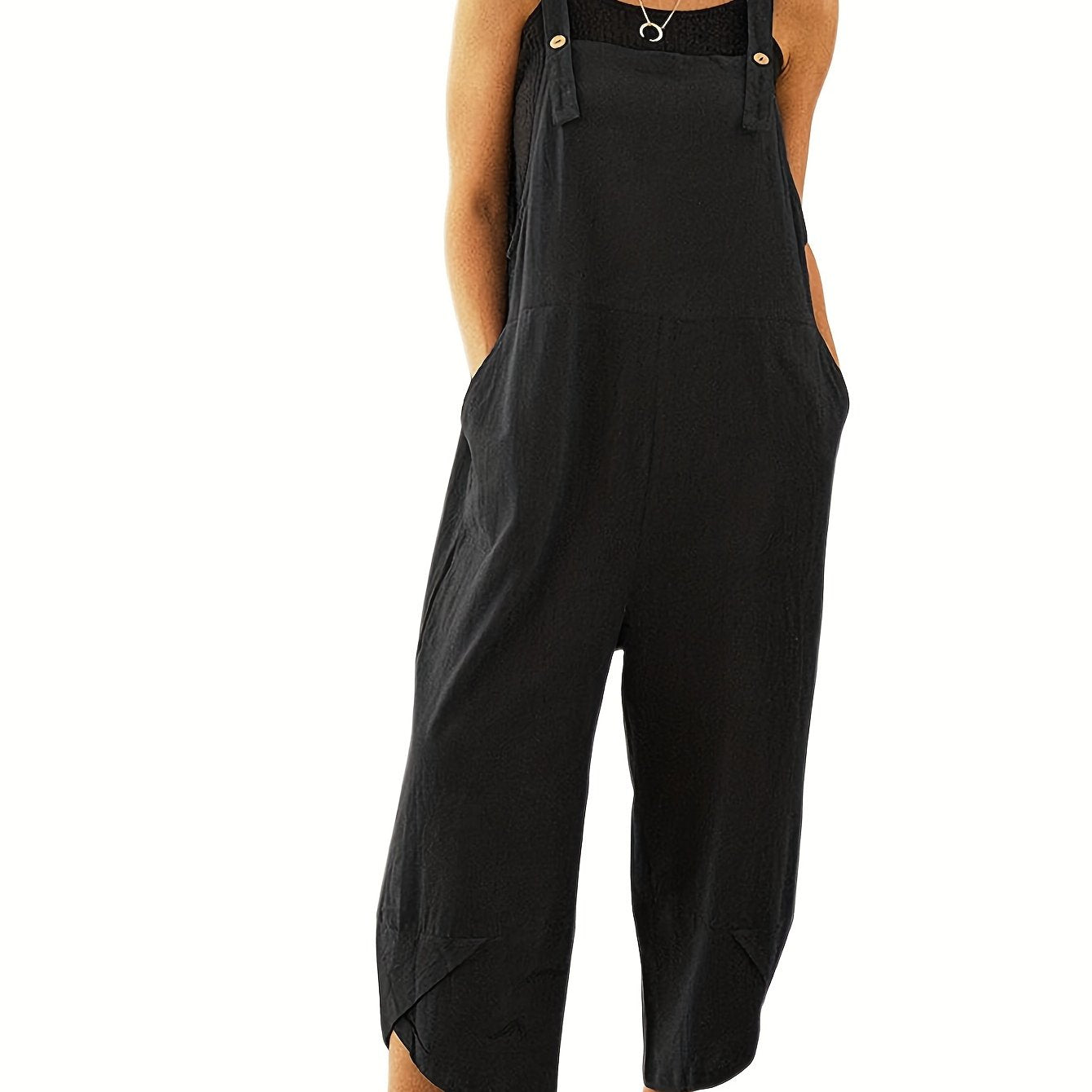 Solid Color Adjustable Strap Overall Jumpsuit, Casual Sleeveless Cropped Overall Jumpsuit With Pocket, Women's Clothing