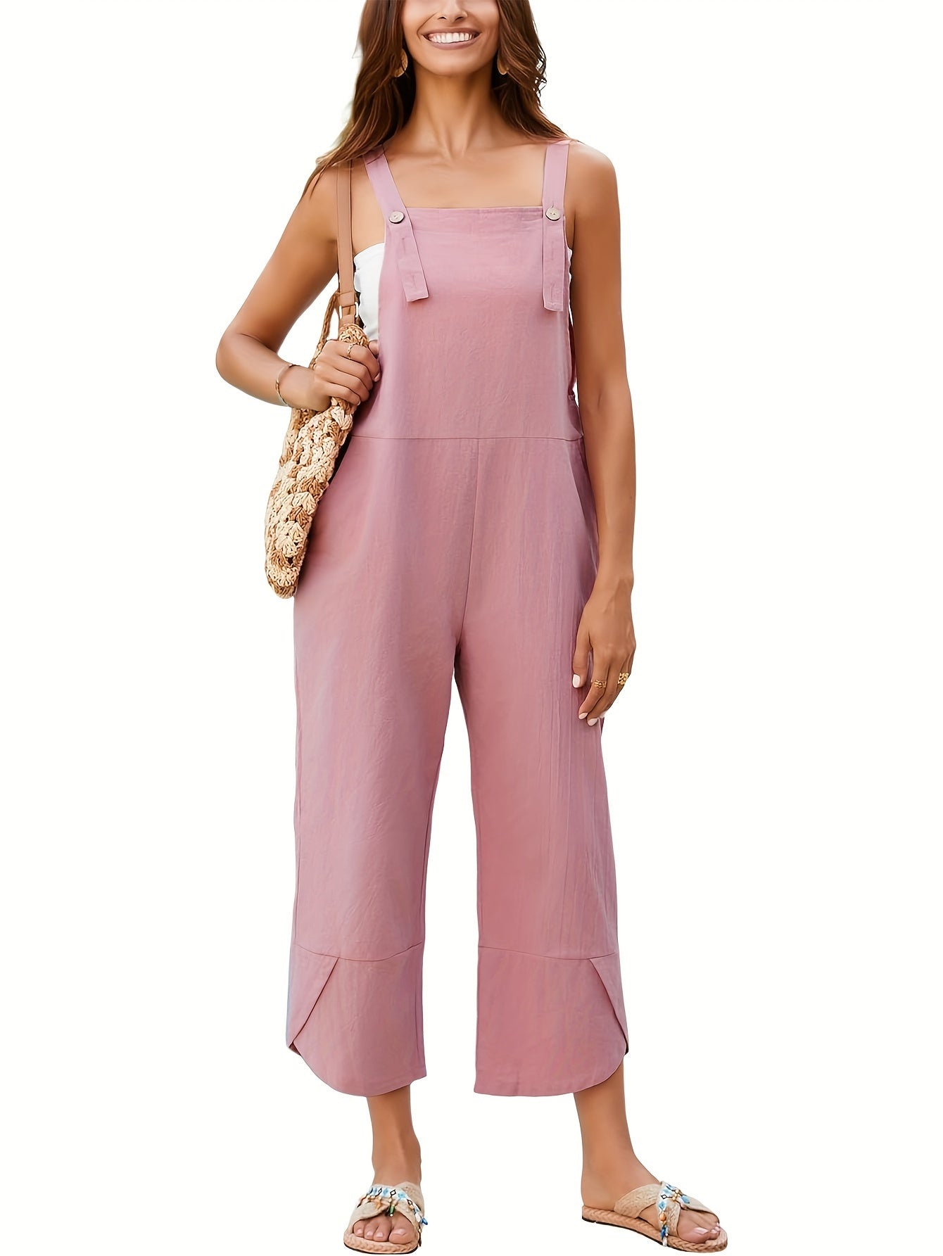 Solid Color Adjustable Strap Overall Jumpsuit, Casual Sleeveless Cropped Overall Jumpsuit With Pocket, Women's Clothing