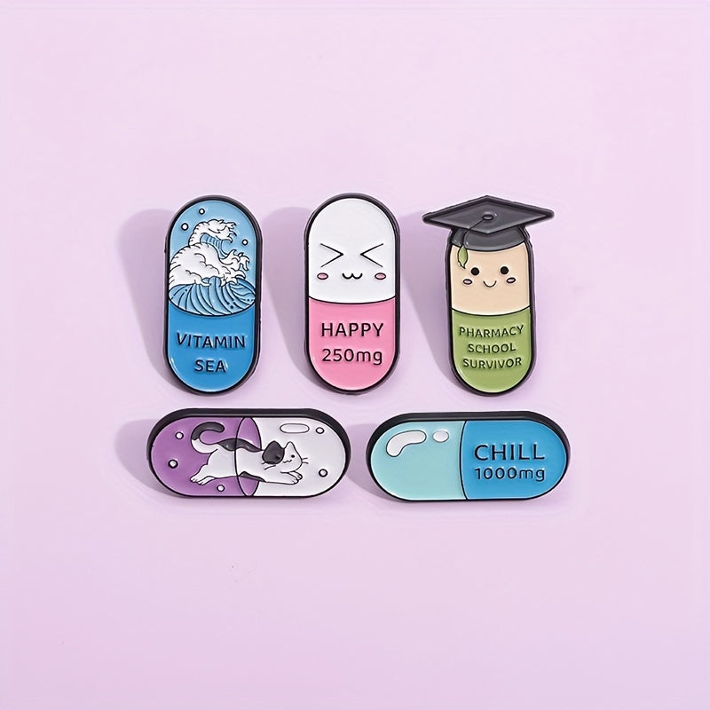 5 sets of cartoon cute medical treatment capsules, pill shaped metal badges, clothing cute and fun accessories