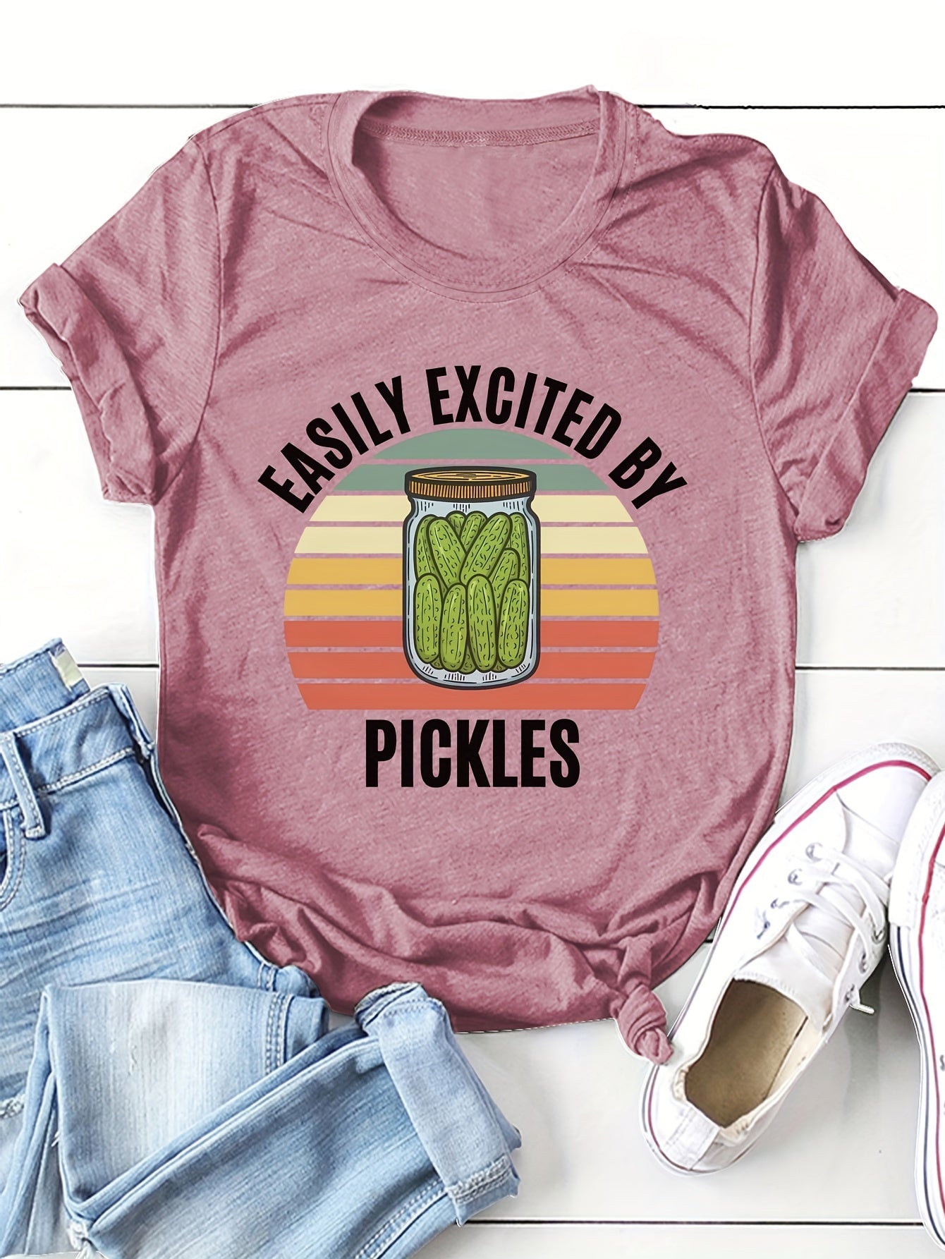 Women's Pickle Print T-Shirt - Fun and Casual Short Sleeve Top for Spring and Summer