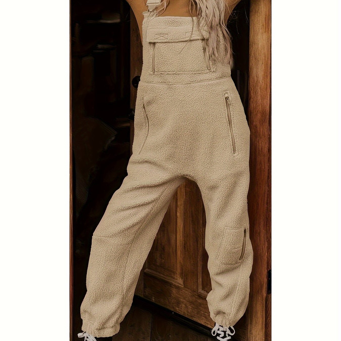 Cozy Women's Fleece Overalls - Warm & Casual White Jumpsuit with Pockets, Adjustable Straps, Polyester, Machine Washable for Winter Comfort, Comfy Clothes