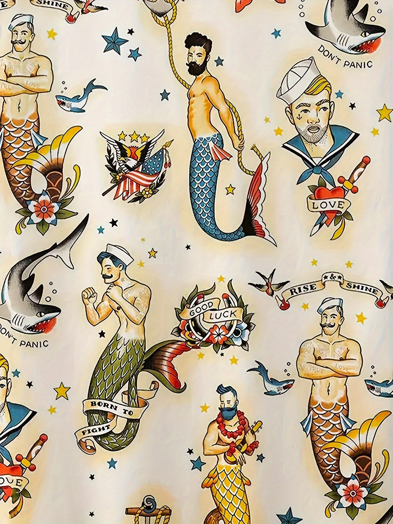 Moab Curation - Men's Merman Sailor Jerry Pattern Allover Printed Short Sleeve Hawaiian Style Shirt for Summer Resort Vacation