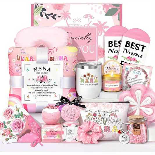Gifts for Nana Mothers Day Basket Gifts for Nana 16pcs Birthday Gifts Basket from Granddaughter Grandchildren Grandkids New Grandma Gifts Grandmother Gigi Care PackagePink