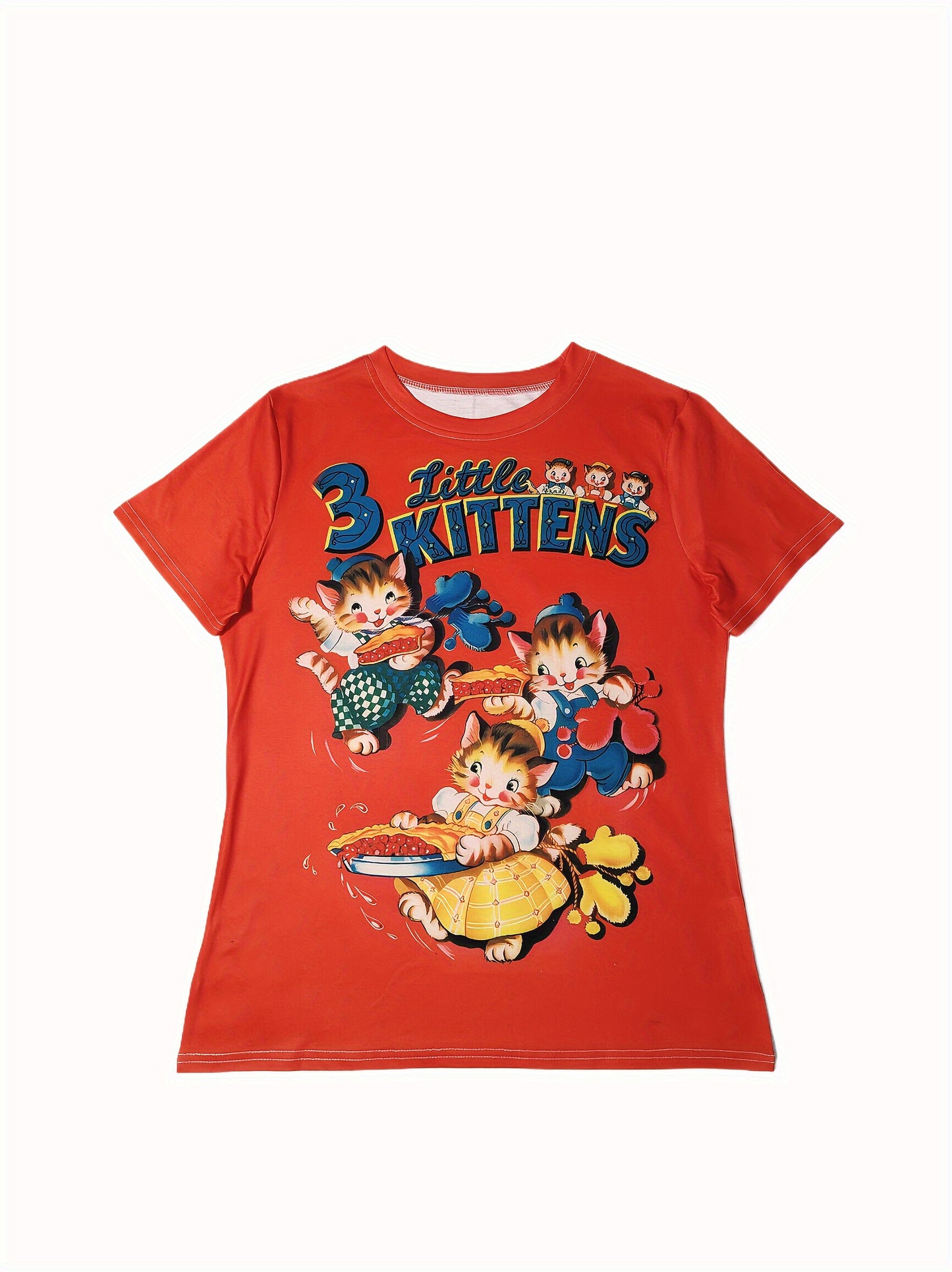 Kitten Print Crew Neck T-shirt, Casual Short Sleeve Top For Spring & Summer, Women's Clothing