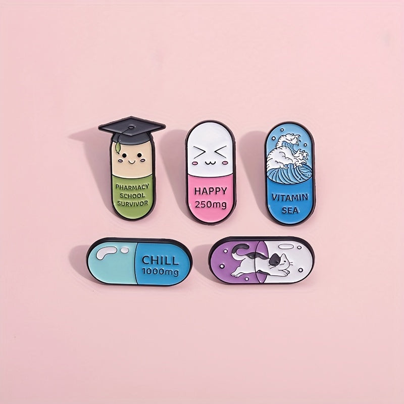 5 sets of cartoon cute medical treatment capsules, pill shaped metal badges, clothing cute and fun accessories