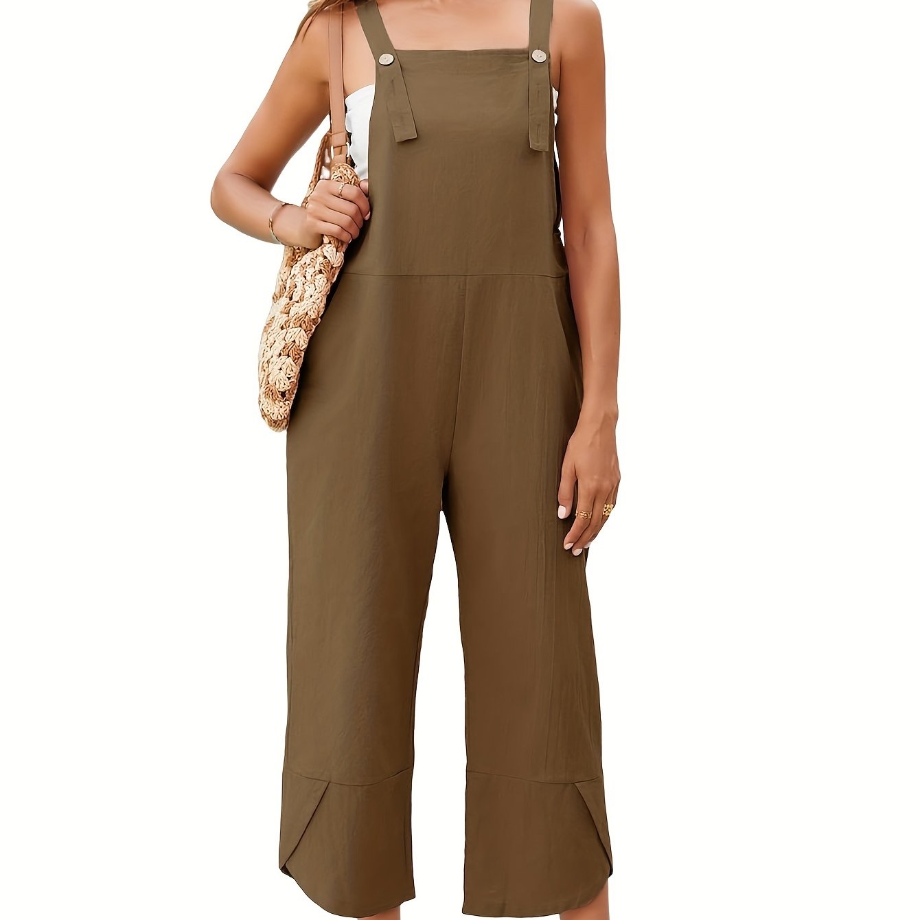 Solid Color Adjustable Strap Overall Jumpsuit, Casual Sleeveless Cropped Overall Jumpsuit With Pocket, Women's Clothing