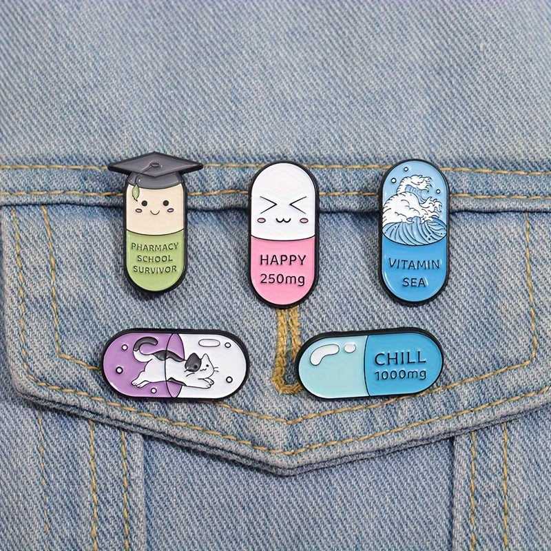 5 sets of cartoon cute medical treatment capsules, pill shaped metal badges, clothing cute and fun accessories