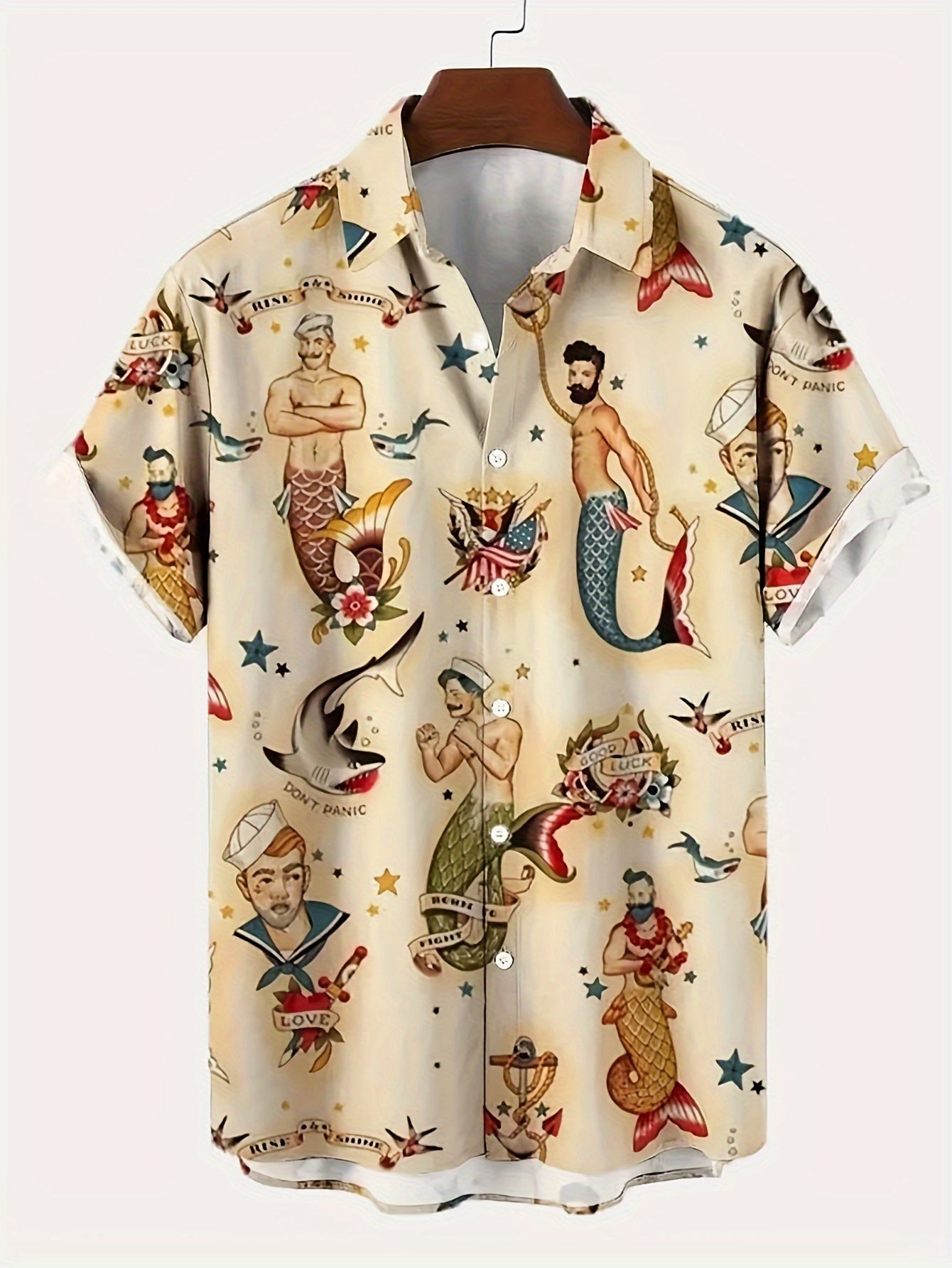 Moab Curation - Men's Merman Sailor Jerry Pattern Allover Printed Short Sleeve Hawaiian Style Shirt for Summer Resort Vacation