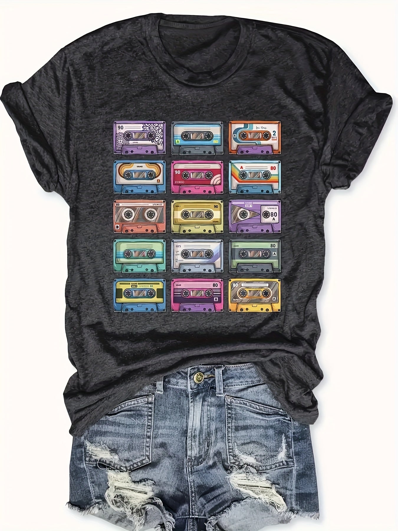 Retro Cassette Tape Print T-Shirt, Casual Crew Neck Short Sleeve T-Shirt For Spring & Summer, Women's Clothing