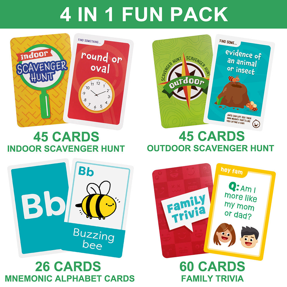 LotFancy Card Games for Family Game Night, 4 in 1 Pack, Scavenger Hunt Games for Kids, Indoor Outdoor Activities, Family Trivia, Educational Game, Jumbo Size, Gifts for Ages 2-6