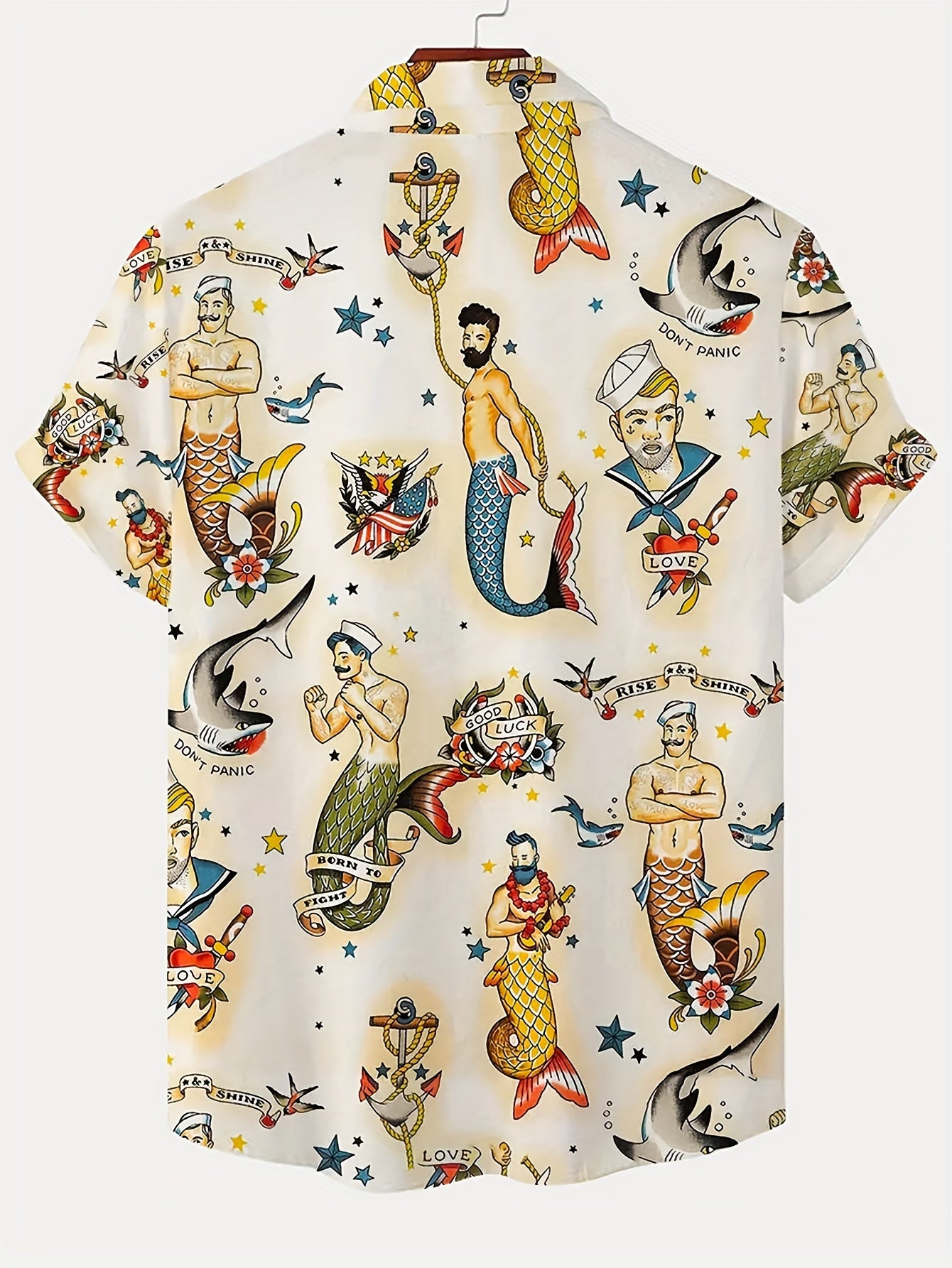 Moab Curation - Men's Merman Sailor Jerry Pattern Allover Printed Short Sleeve Hawaiian Style Shirt for Summer Resort Vacation