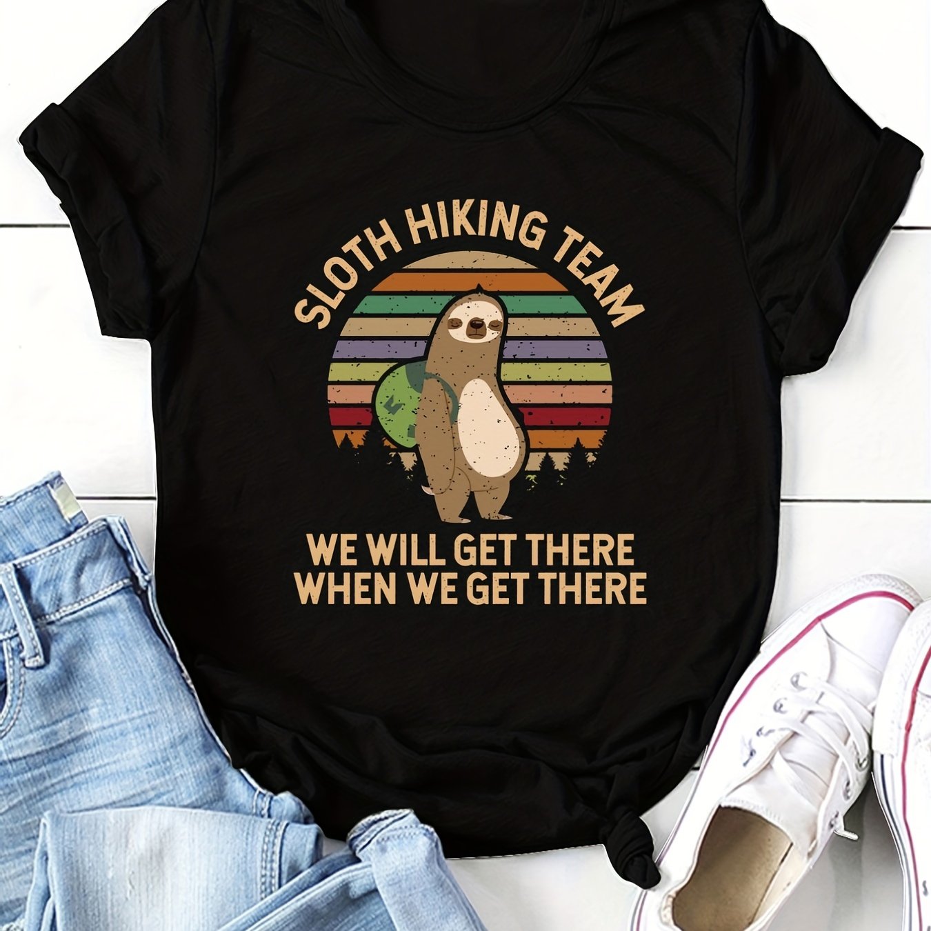 Women's Sloth Hiking Team T-Shirt - Comfortable Crew Neck Short Sleeve Tee for Casual Wear and Outdoor Adventures