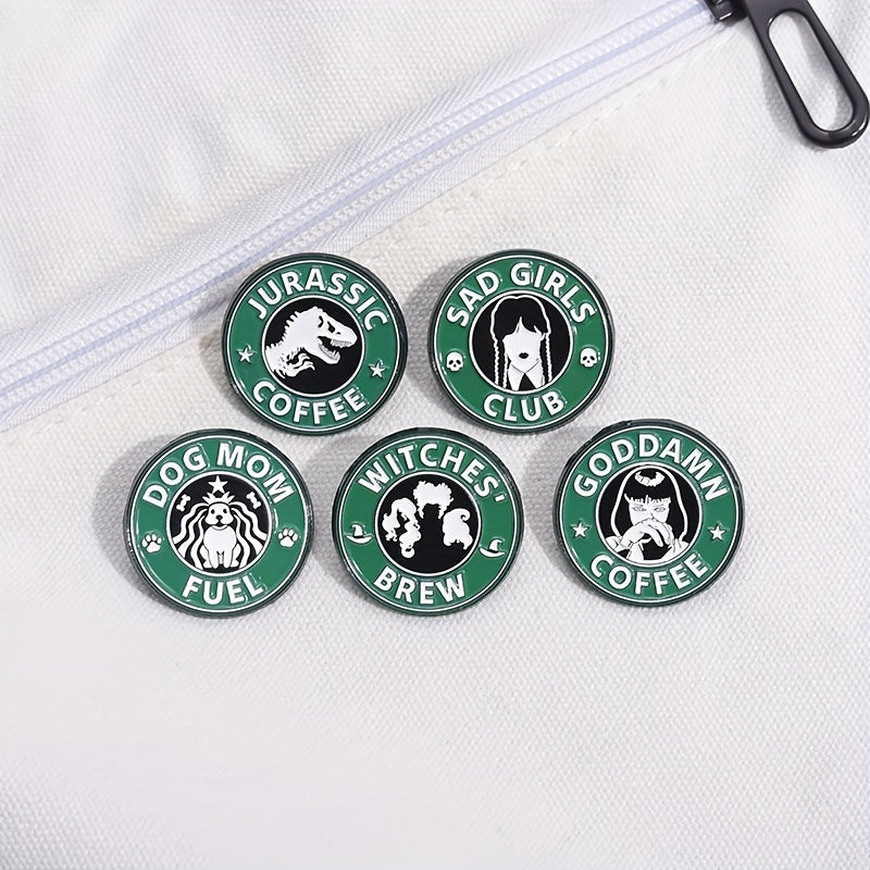 5pcs Men's Vintage Alloy Enamel Lapel Pin Set - Unique Green Round Cartoon Metal Brooch Badges For Clothing Accessories